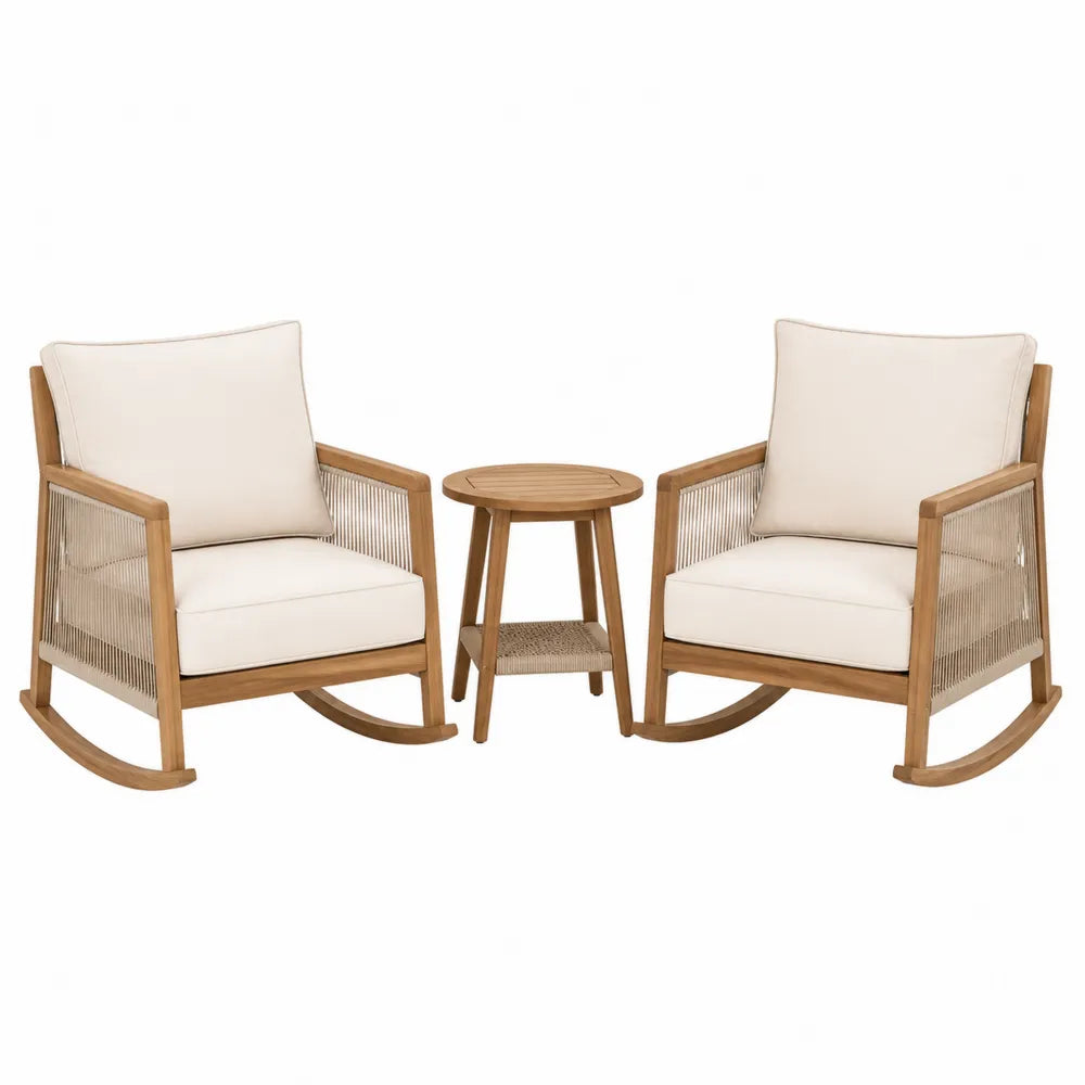 3-teiliges Gartenmöbelset aus Teakholz mit Schaukelstühlen und Tisch Beige