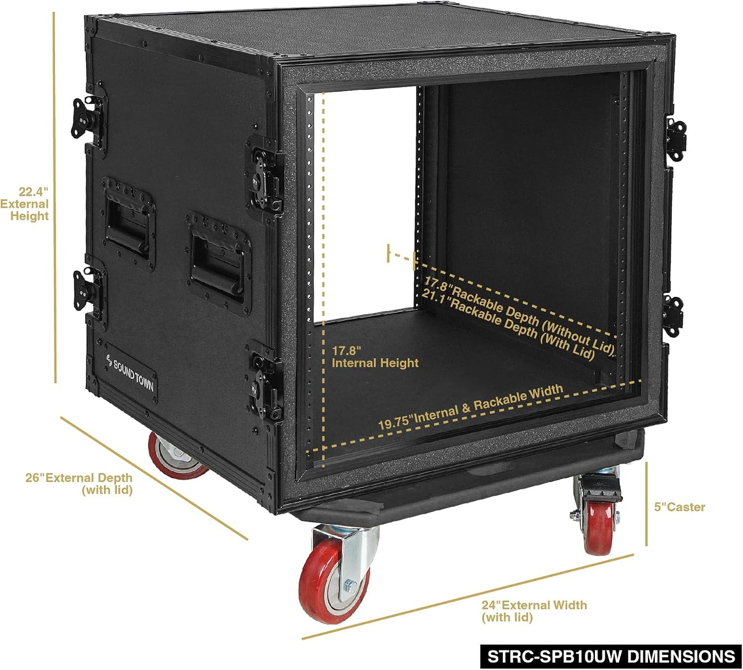 Sound Town Black Series Shock Mount 10U ATA Plywood Rack Case with 21' Rackable Depth, All-Black Anodized Hardware and Casters, Pro Tour Grade (STRC-SPB10UW)