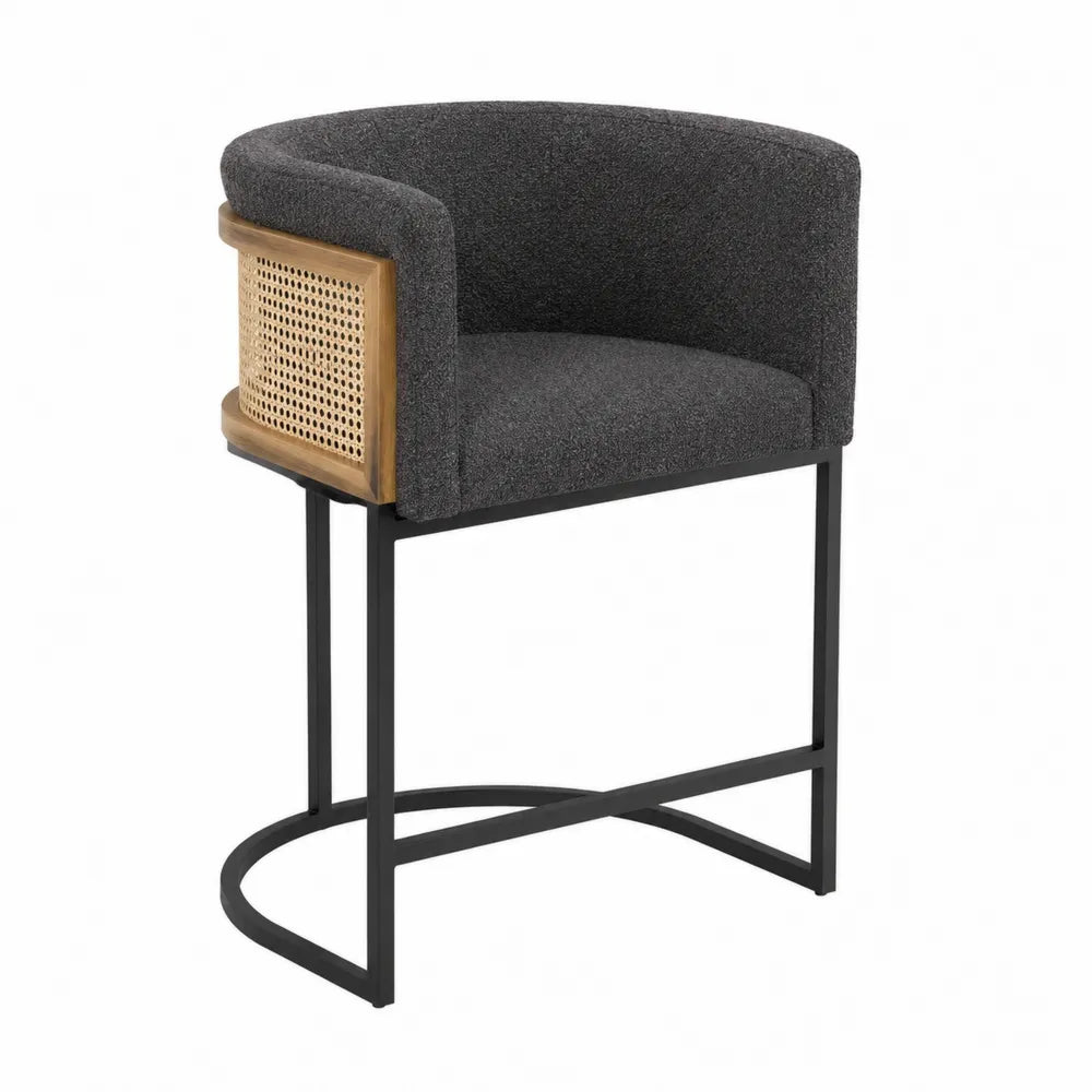 Barhocker mit schwarzem Polyesterbezug und Rattan, Metallgestell, 90 cm Höhe