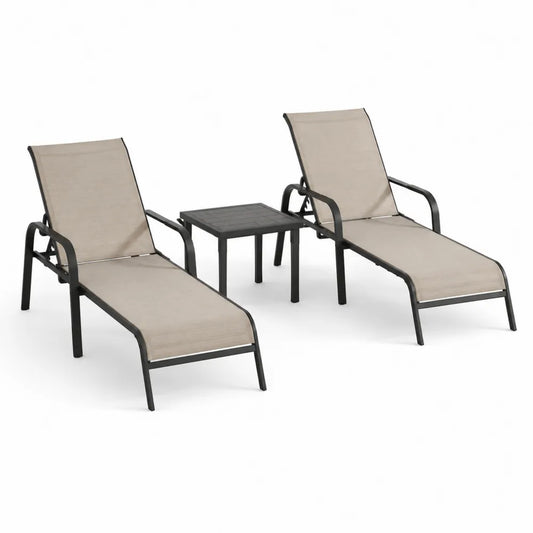 3-teiliges Gartenmöbel-Set: 2 Liegestühle + Beistelltisch, Textilene Beige, Aluminium
