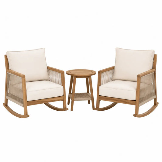 3-teiliges Gartenmöbelset aus Teakholz mit Schaukelstühlen und Tisch Beige