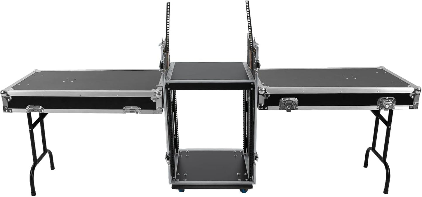 14U PA DJ Rack with 4 Wheels, Heavy-Duty Mobile Audio Equipment Cabinet with Side DJ Table Top, 661 lbs Capacity Studio Rack for Mixer, Amplifier, Speakers (14U /2 Side Tables)