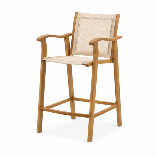 Barstuhl aus Teakholz mit Armlehnen und Rattansitz Beige 105cm