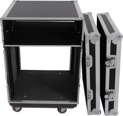14U PA DJ Rack Case with Wheels, Heavy-Duty Slant Top DJ Mixer Rack, Professional Audio Equipment Rack for Studio, Live Sound (14U)