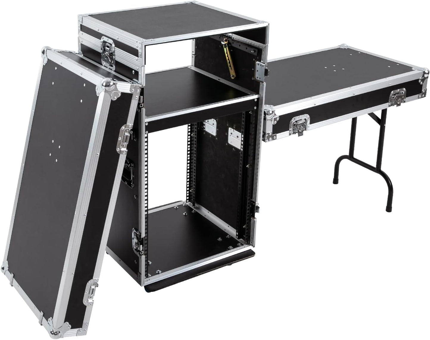 14U PA DJ Rack with 4 Wheels, Heavy-Duty Mobile Audio Equipment Cabinet with Side DJ Table Top, 661 lbs Capacity Studio Rack for Mixer, Amplifier, Speakers (14U /2 Side Tables)