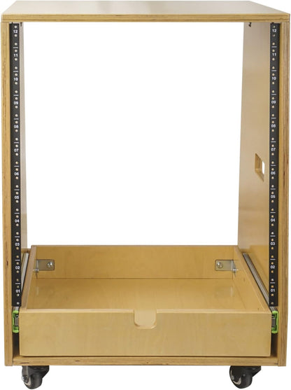 Sound Town 12U DIY Solid Baltic Birch Plywood Slanted Studio Rack with 12U Rack Space, Extra 2U Drawer, Rubber Feet, Casters, Golden Oak (SDRK-12TD2)