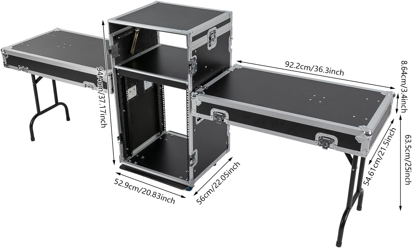 14U PA DJ Rack with 4 Wheels, Heavy-Duty Mobile Audio Equipment Cabinet with Side DJ Table Top, 661 lbs Capacity Studio Rack for Mixer, Amplifier, Speakers (14U /2 Side Tables)