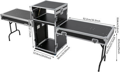14U PA DJ Rack with 4 Wheels, Heavy-Duty Mobile Audio Equipment Cabinet with Side DJ Table Top, 661 lbs Capacity Studio Rack for Mixer, Amplifier, Speakers (14U /2 Side Tables)