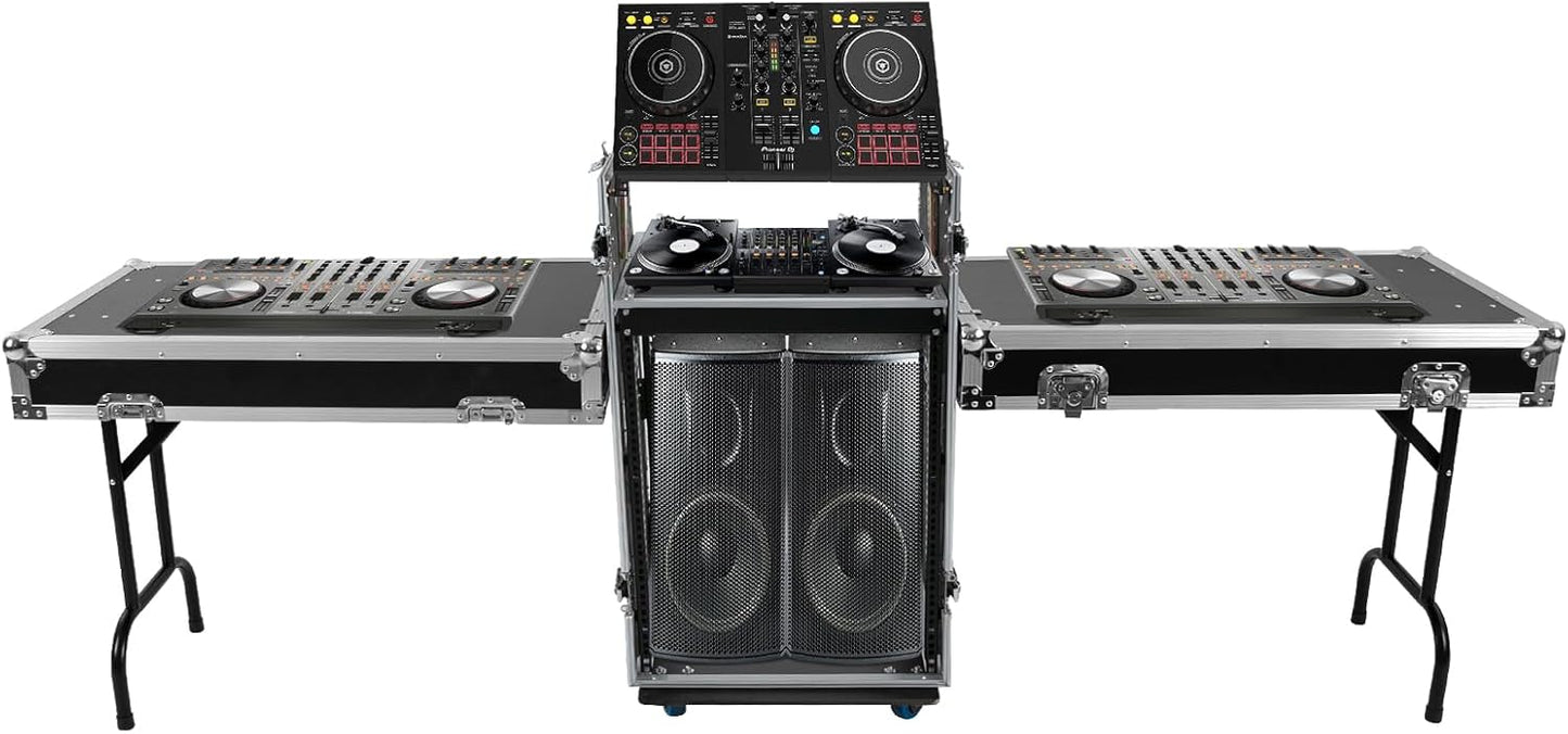 14U PA DJ Rack with 4 Wheels, Heavy-Duty Mobile Audio Equipment Cabinet with Side DJ Table Top, 661 lbs Capacity Studio Rack for Mixer, Amplifier, Speakers (14U /2 Side Tables)