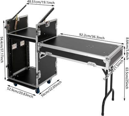 14U PA DJ Rack with 4 Wheels, Heavy-Duty Mobile Audio Equipment Cabinet with Side DJ Table Top, 661 lbs Capacity Studio Rack for Mixer, Amplifier, Speakers (14U/Side Table)