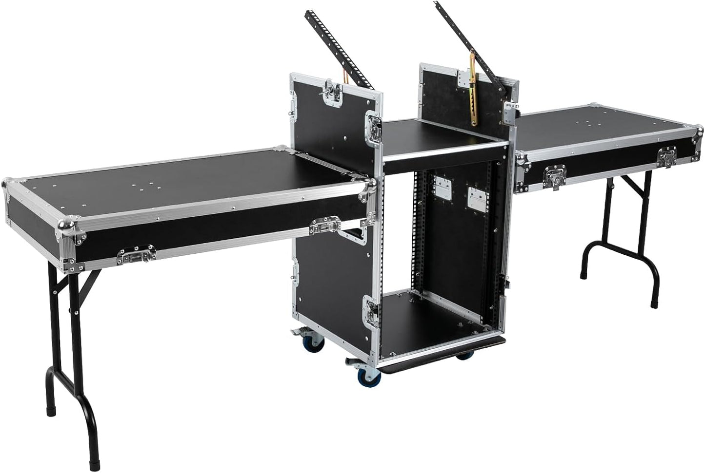 14U PA DJ Rack with 4 Wheels, Heavy-Duty Mobile Audio Equipment Cabinet with Side DJ Table Top, 661 lbs Capacity Studio Rack for Mixer, Amplifier, Speakers (14U /2 Side Tables)