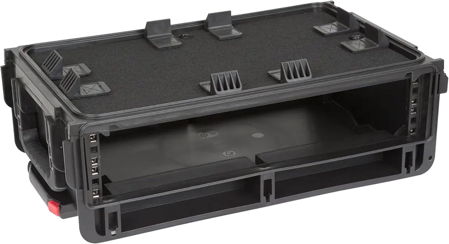 SKB Studio Flyer Rack Case - 2U Waterproof Carry-on with Laptop Surface, Molded Rack Rails, Rubber Cleats and Quiet Wheels, Ideal for Musicians, Black