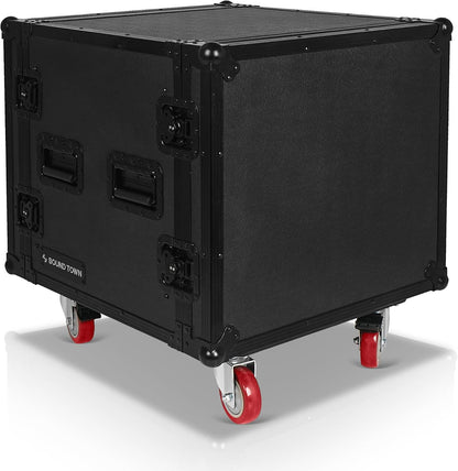 Sound Town Black Series Shock Mount 10U ATA Plywood Rack Case with 21' Rackable Depth, All-Black Anodized Hardware and Casters, Pro Tour Grade (STRC-SPB10UW)