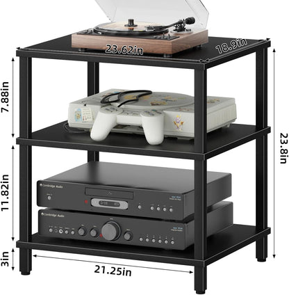 LELELINKY 3-Tier AV Media Player Stand Set of 2, Black Stereo Cabinet, Wooden TV Stand,Game Console Shelf, Multifunctional Entertainment Center, Suitable for Home, Conference Room, Game Studio