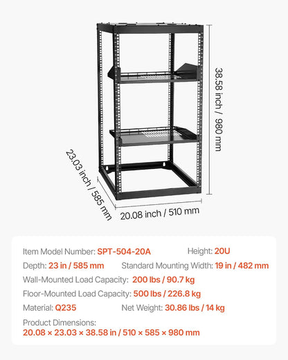 VEVOR 20U Server Rack, Open Frame Network Rack,4-Post Floor Standing or Wall Mounted, Includes 2PCS Vented 1U Rack Shelves & Mounting Hardware, Computer Wall Rack for 19' IT/AV Equipment