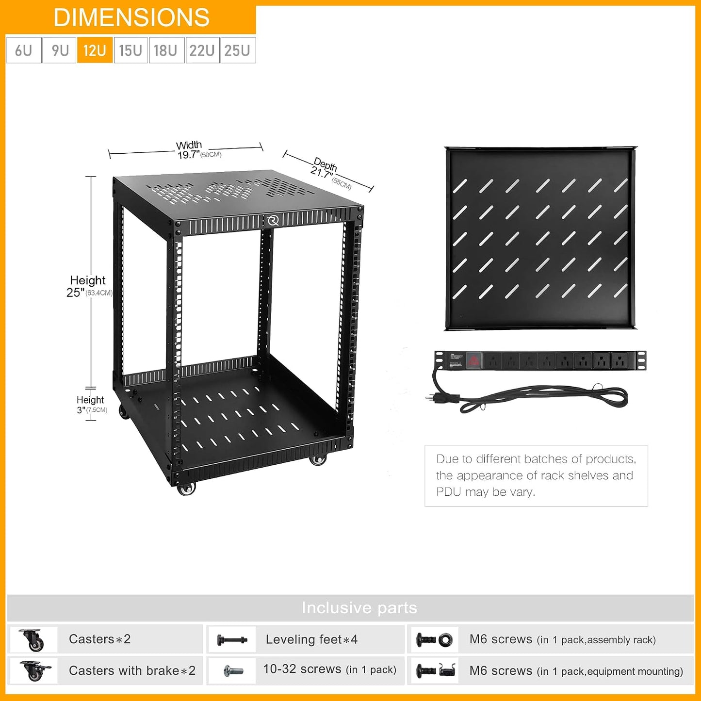 RIVECO 12U Network Rack with Reinforced Top Cover - 4 Post Floor Rack on Wheels for 19' Equipment & Stereo Gear- Including Rack Mount Power Strip & 1PCS 1U Rack Shelf