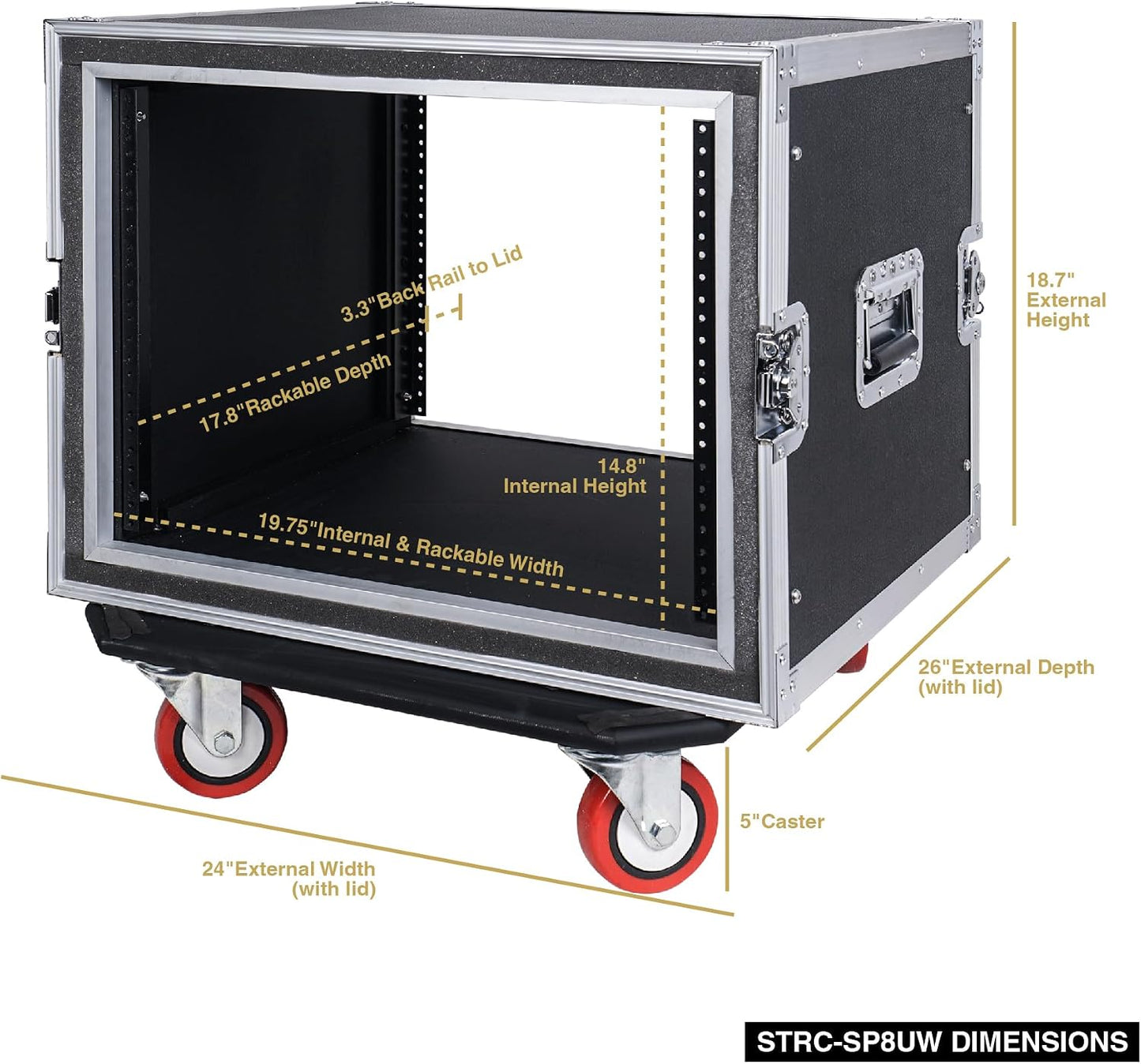 Sound Town Shock Mount 8U ATA Rack Case with 17' Rackable Depth and Casters, 8-Space Size - Pro Tour Grade (STRC-SP8UW)