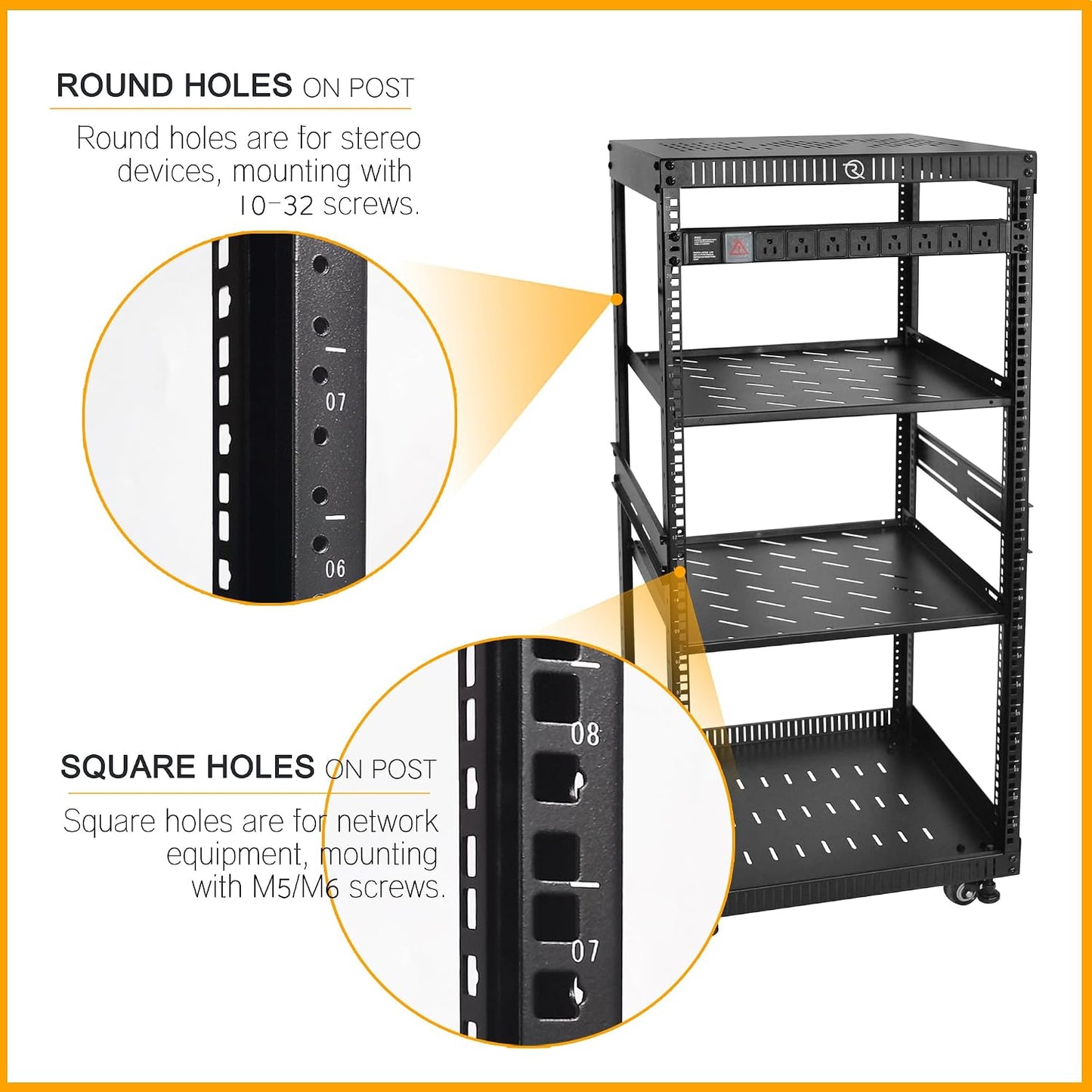 RIVECO 22U Network Rack with Reinforced Top & Bottom Vented Plates - 4 Rolling Wheels Floor Standing for 19' Equipment & Stereo Gear - Including 2PCS Shelves & Rail Mount PDU