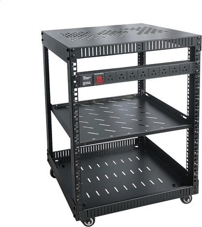 RIVECO 12U Network Rack with Reinforced Top Cover - 4 Post Floor Rack on Wheels for 19' Equipment & Stereo Gear- Including Rack Mount Power Strip & 1PCS 1U Rack Shelf