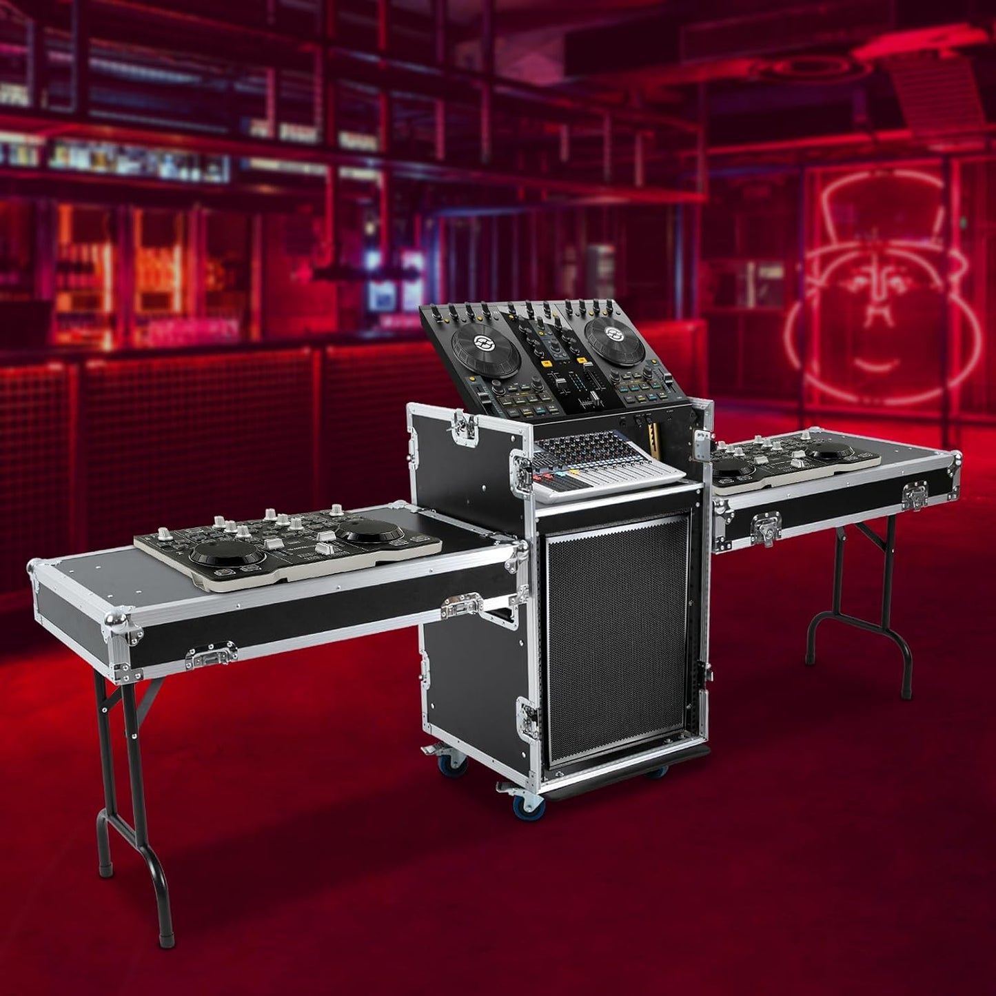 14U PA DJ Rack with 4 Wheels, Heavy-Duty Mobile Audio Equipment Cabinet with Side DJ Table Top, 661 lbs Capacity Studio Rack for Mixer, Amplifier, Speakers (14U /2 Side Tables)