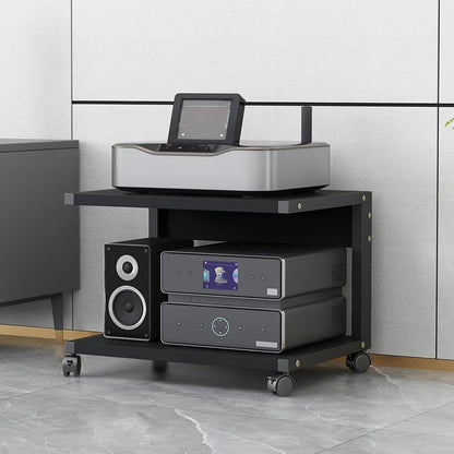 AV Media Stand with Wheels, 2-Tier Audio-Video shelving, Modern Console Wooden Storage Shelves, Stereo Racks and Stands, Audio Tower Corner Entertainment Center, for Living, Gaming Room(Black,50x40x40