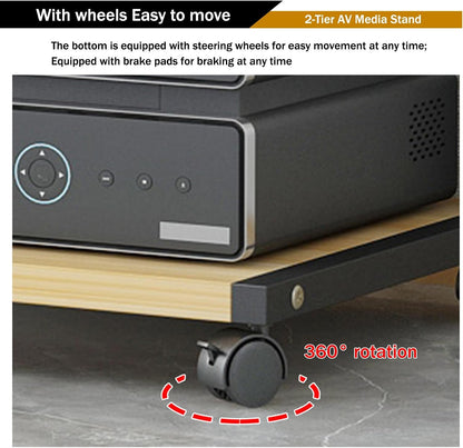 AV Media Stand with Wheels, 2-Tier Audio-Video shelving, Modern Console Wooden Storage Shelves, Stereo Racks and Stands, Audio Tower Corner Entertainment Center, for Living, Gaming Room(Black,50x40x40