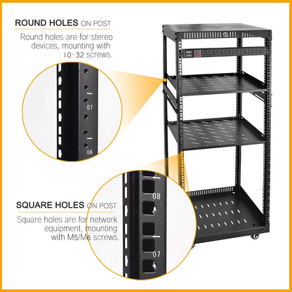 RIVECO 25U Network Rack with Reinforced Top Cover - 4 Post Floor Rack on Wheels for 19' Equipment & Stereo Gear- Including Mount Power Strip & 2PCS 1U Shelves