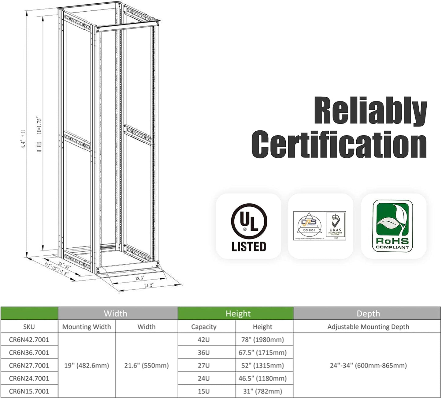 Server Rack 4 Post Open Rack Frame Rack Enclosure 19 Inch Adjustable Depth Cold Rolled Steel（15U,36 Inch Height）