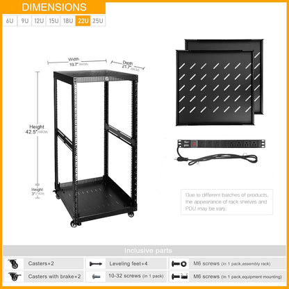 RIVECO 22U Network Rack with Reinforced Top & Bottom Vented Plates - 4 Rolling Wheels Floor Standing for 19' Equipment & Stereo Gear - Including 2PCS Shelves & Rail Mount PDU