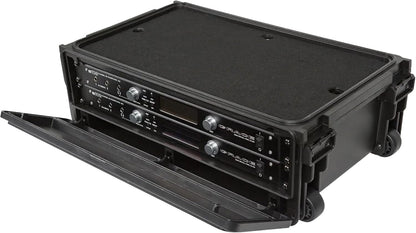 SKB Studio Flyer Rack Case - 2U Waterproof Carry-on with Laptop Surface, Molded Rack Rails, Rubber Cleats and Quiet Wheels, Ideal for Musicians, Black