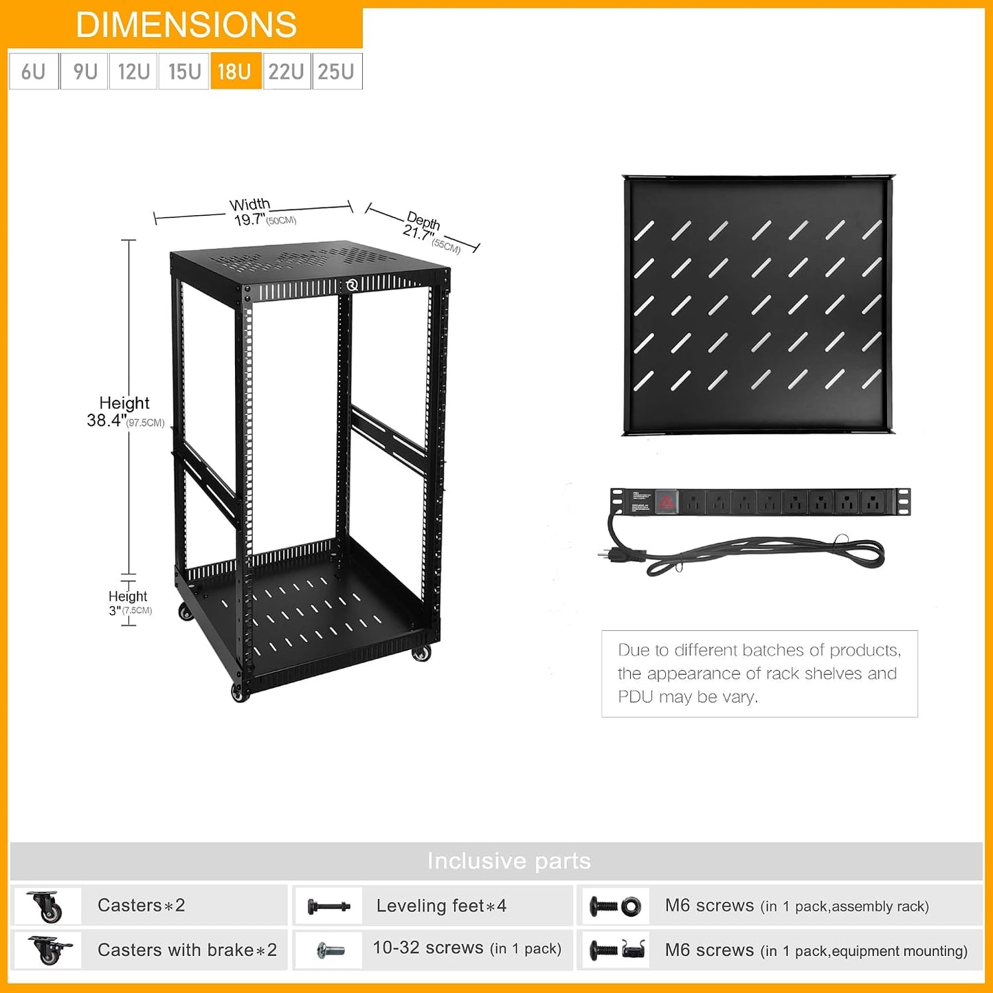 RIVECO OFCO 18U Network Rack with Reinforced Top & Bottom Vented Plates - 4 Rolling Wheels Floor Standing Rack for 19' Equipment & Stereo Gear - Including 1PCS Rack Shelf & Rail Mount PDU
