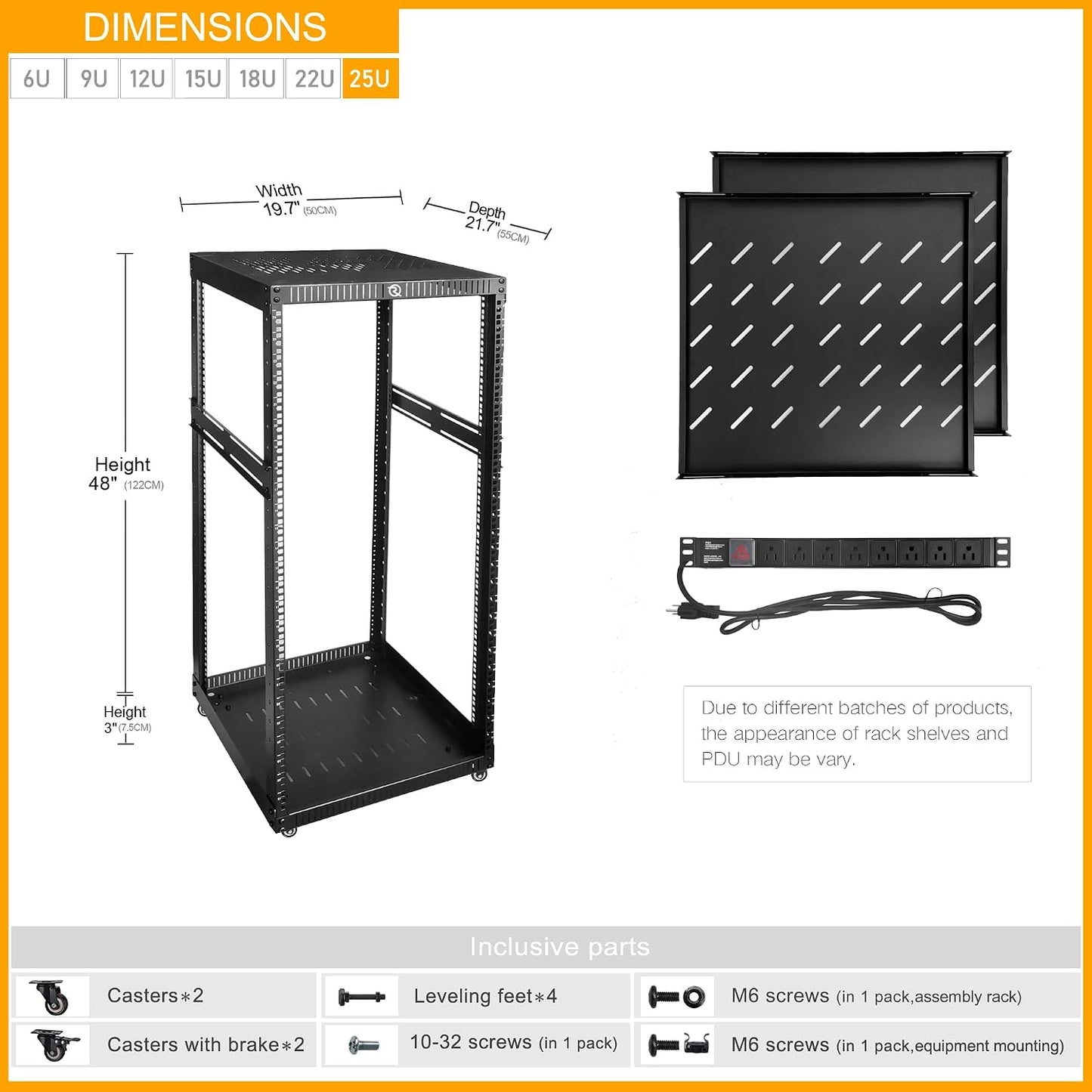 RIVECO 25U Network Rack with Reinforced Top Cover - 4 Post Floor Rack on Wheels for 19' Equipment & Stereo Gear- Including Mount Power Strip & 2PCS 1U Shelves