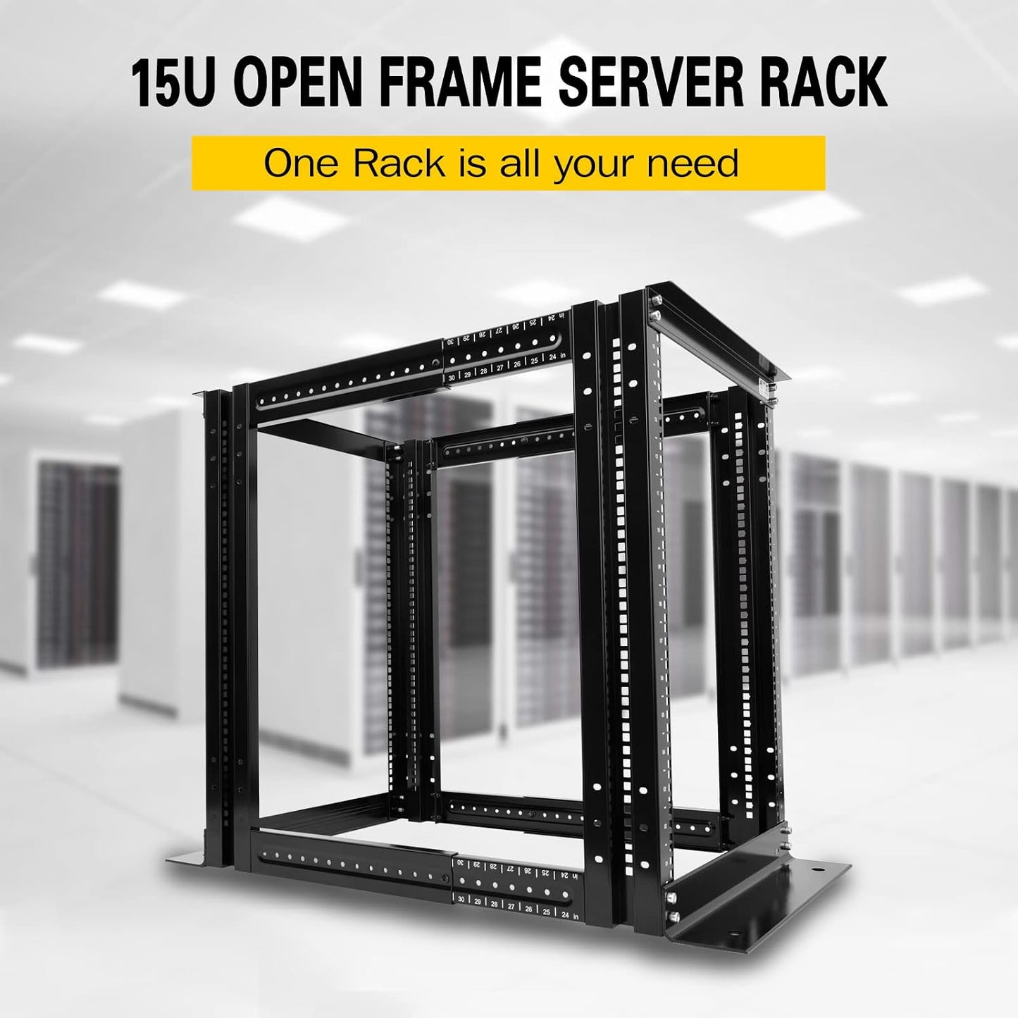 Server Rack 4 Post Open Rack Frame Rack Enclosure 19 Inch Adjustable Depth Cold Rolled Steel（15U,36 Inch Height）