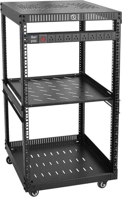RIVECO OFCO 18U Network Rack with Reinforced Top & Bottom Vented Plates - 4 Rolling Wheels Floor Standing Rack for 19' Equipment & Stereo Gear - Including 1PCS Rack Shelf & Rail Mount PDU