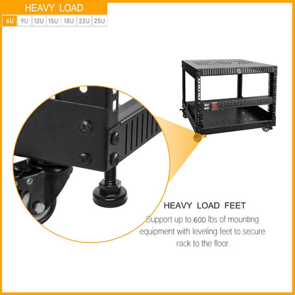 RIVECO 6U Network Rack with Reinforced Top & Bottom Vented Plates- 4 Rolling Wheels Floor Standing Rack for 19' Equipment & Stereo Gear- Including Basic Rail Mount PDU Power Strip