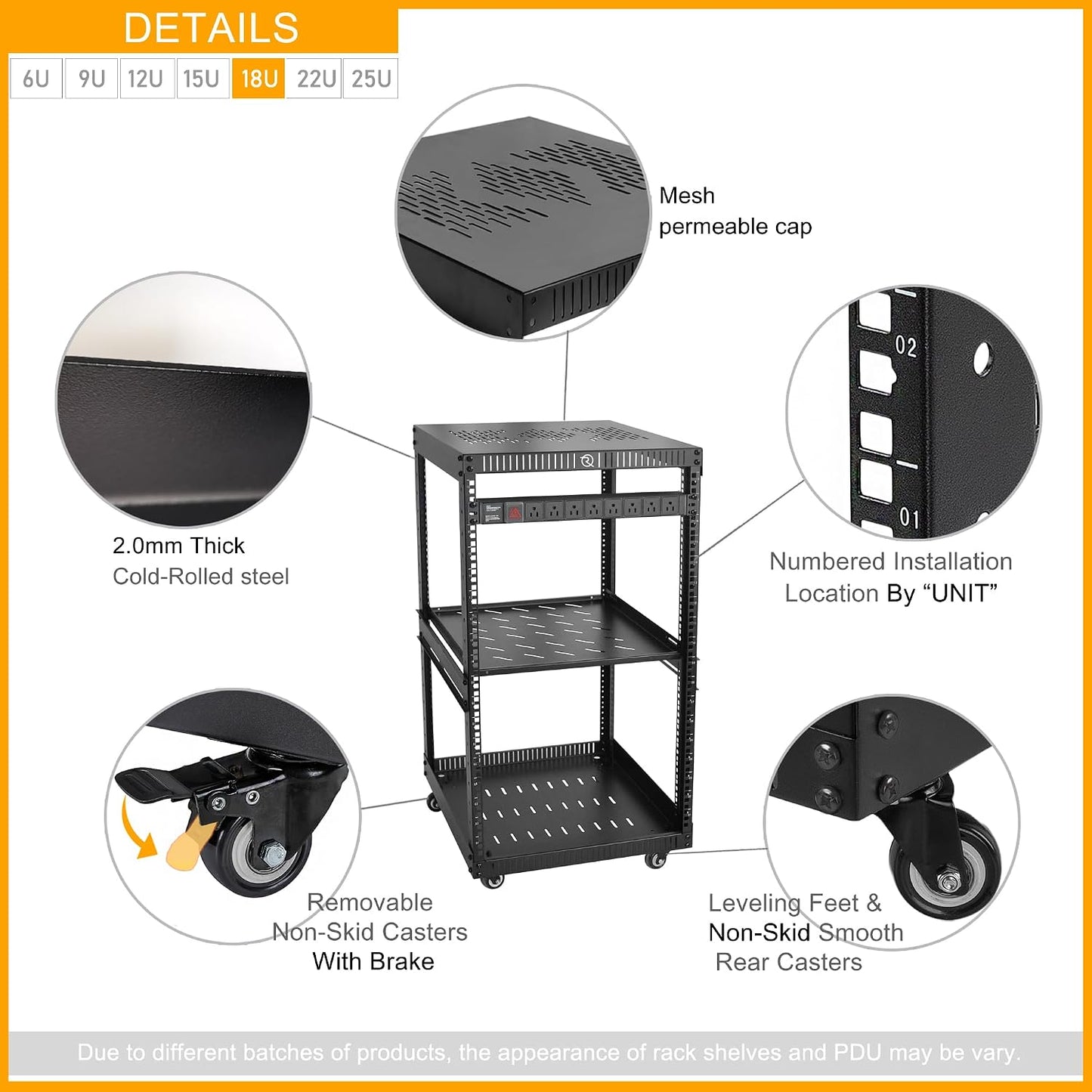 RIVECO OFCO 18U Network Rack with Reinforced Top & Bottom Vented Plates - 4 Rolling Wheels Floor Standing Rack for 19' Equipment & Stereo Gear - Including 1PCS Rack Shelf & Rail Mount PDU