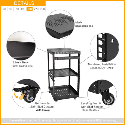 RIVECO OFCO 18U Network Rack with Reinforced Top & Bottom Vented Plates - 4 Rolling Wheels Floor Standing Rack for 19' Equipment & Stereo Gear - Including 1PCS Rack Shelf & Rail Mount PDU