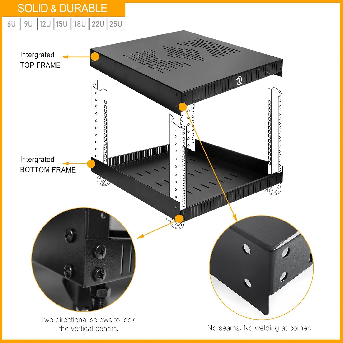 RIVECO 12U Network Rack with Reinforced Top Cover - 4 Post Floor Rack on Wheels for 19' Equipment & Stereo Gear- Including Rack Mount Power Strip & 1PCS 1U Rack Shelf