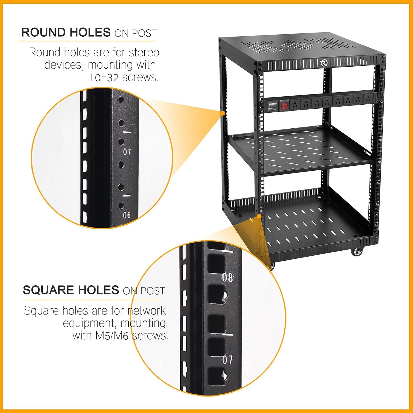 RIVECO 15U Network Rack with Reinforced Top Cover - 4 Post Floor Rack on Wheels for 19' Equipment & Stereo Gear- Including Rack Mount Power Strip & 1PCS 1U Rack Shelf