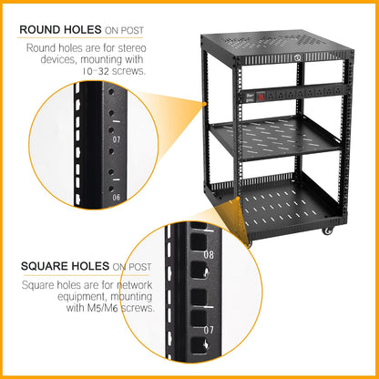 RIVECO 15U Network Rack with Reinforced Top Cover - 4 Post Floor Rack on Wheels for 19' Equipment & Stereo Gear- Including Rack Mount Power Strip & 1PCS 1U Rack Shelf