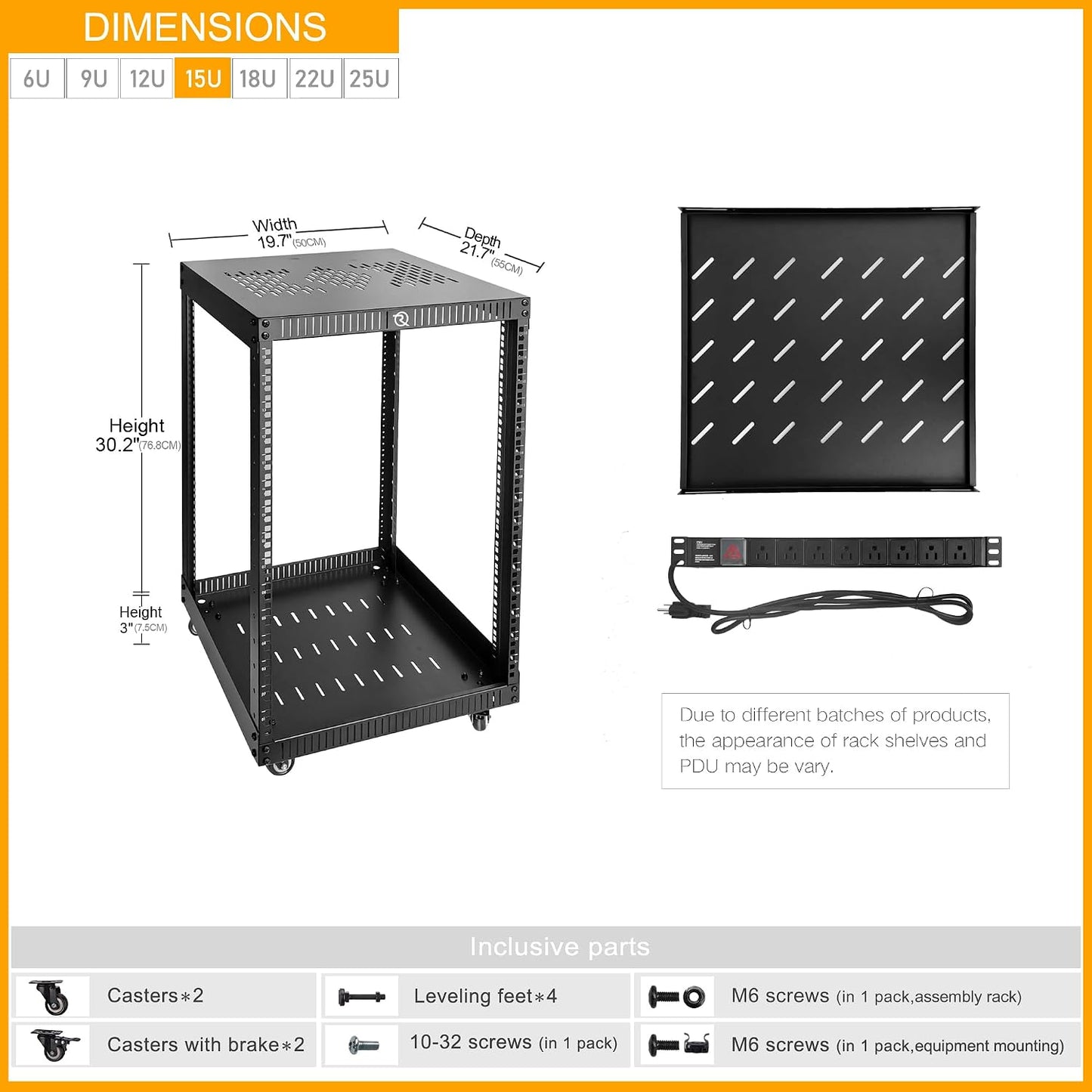 RIVECO 15U Network Rack with Reinforced Top Cover - 4 Post Floor Rack on Wheels for 19' Equipment & Stereo Gear- Including Rack Mount Power Strip & 1PCS 1U Rack Shelf