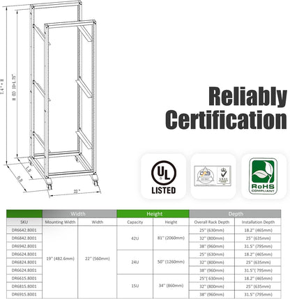 Rising Electronics Open Rack 15U 20U 28U 32U 42U 4 Post Open Frame 19-Inch Data Network Desktop Server/Audio Rack(20U, 24' Depth)