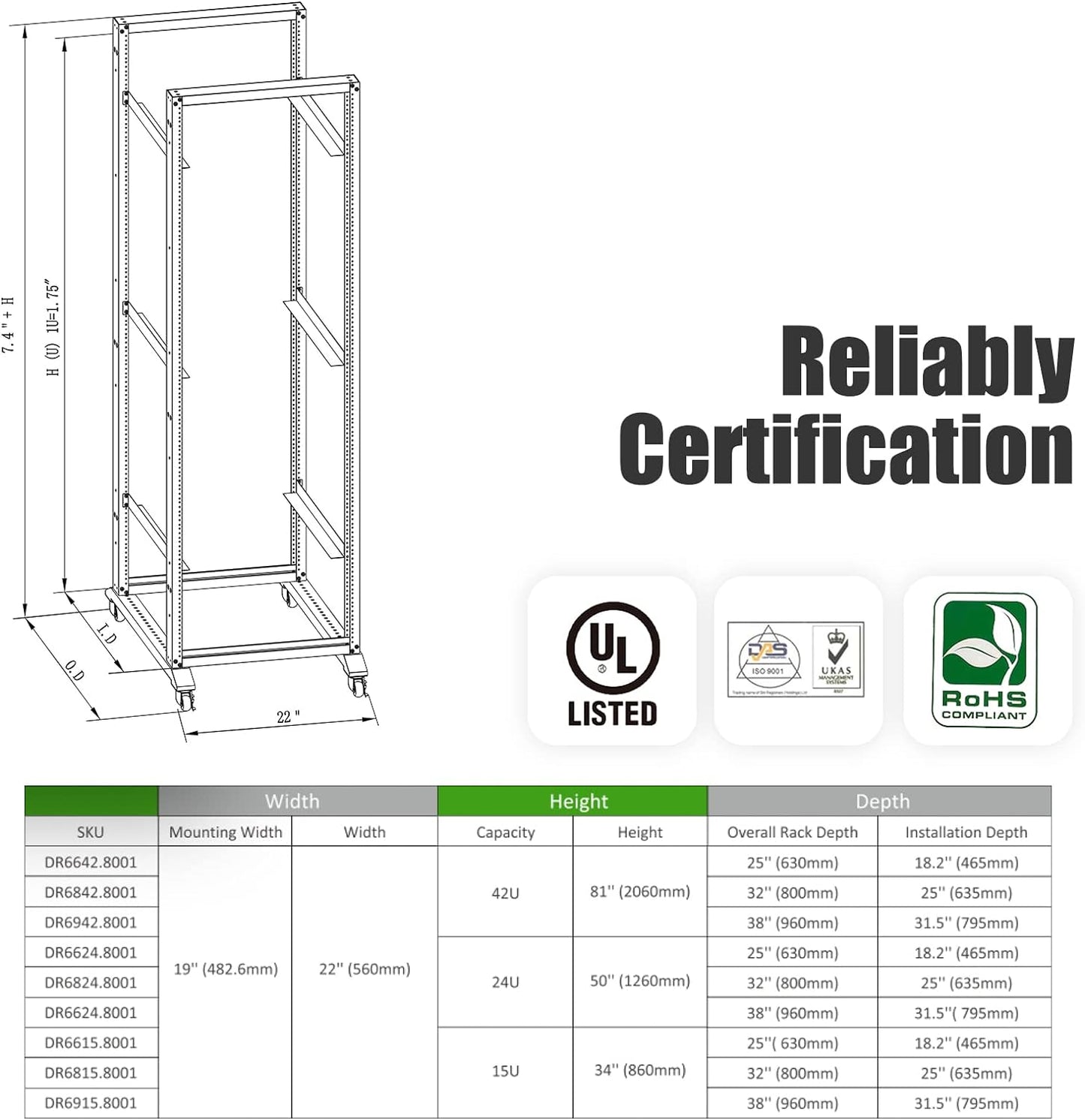 Rising Electronics Open Rack 15U 20U 28U 32U 42U 4 Post Open Frame 19-Inch Data Network Desktop Server/Audio Rack(42U, 17' Depth)