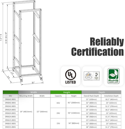 Rising Electronics Open Rack 15U 20U 28U 32U 42U 4 Post Open Frame 19-Inch Data Network Desktop Server/Audio Rack(42U, 17' Depth)