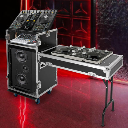 14U PA DJ Rack with 4 Wheels, Heavy-Duty Mobile Audio Equipment Cabinet with Side DJ Table Top, 661 lbs Capacity Studio Rack for Mixer, Amplifier, Speakers (14U/Side Table)