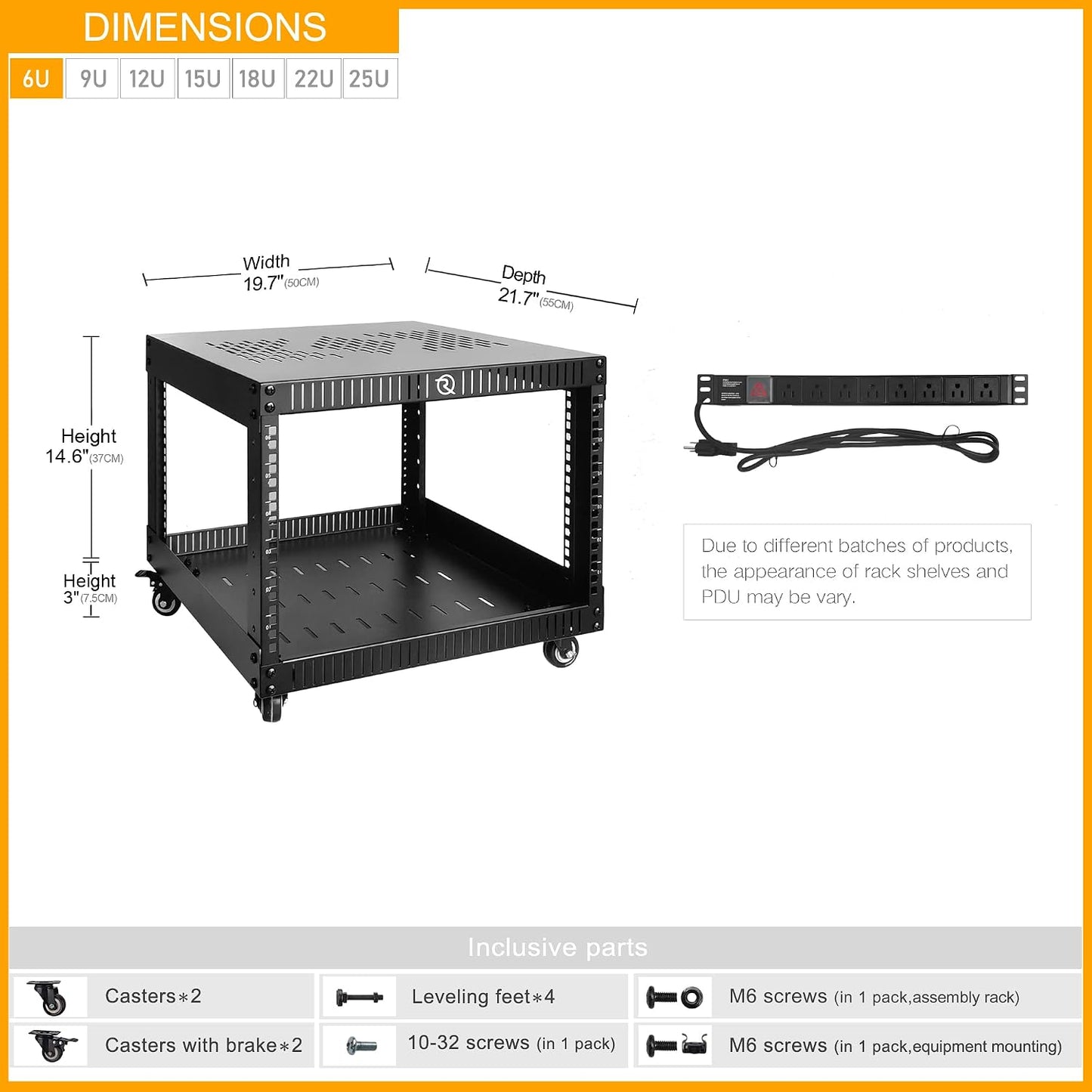 RIVECO 6U Network Rack with Reinforced Top & Bottom Vented Plates- 4 Rolling Wheels Floor Standing Rack for 19' Equipment & Stereo Gear- Including Basic Rail Mount PDU Power Strip