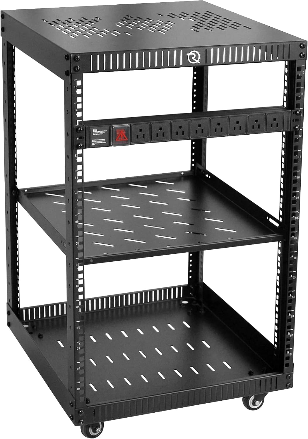 RIVECO 15U Network Rack with Reinforced Top Cover - 4 Post Floor Rack on Wheels for 19' Equipment & Stereo Gear- Including Rack Mount Power Strip & 1PCS 1U Rack Shelf