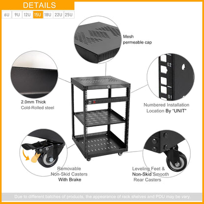 RIVECO 15U Network Rack with Reinforced Top Cover - 4 Post Floor Rack on Wheels for 19' Equipment & Stereo Gear- Including Rack Mount Power Strip & 1PCS 1U Rack Shelf