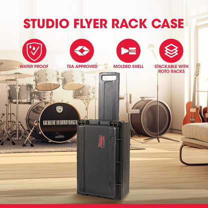 SKB Studio Flyer Rack Case - 2U Waterproof Carry-on with Laptop Surface, Molded Rack Rails, Rubber Cleats and Quiet Wheels, Ideal for Musicians, Black