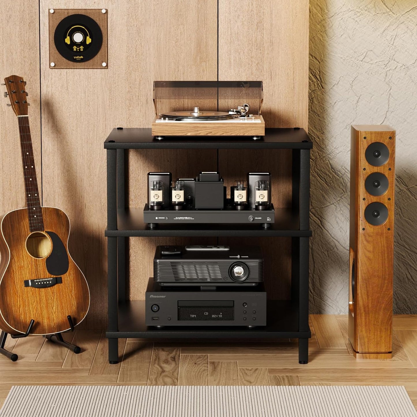 LELELINKY 3-Tier AV Media Player Stand Set of 2, Black Stereo Cabinet, Wooden TV Stand,Game Console Shelf, Multifunctional Entertainment Center, Suitable for Home, Conference Room, Game Studio